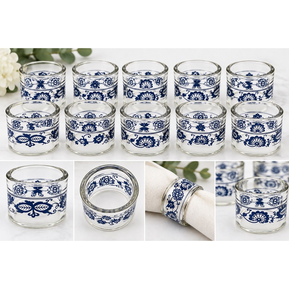 Vintage Libbey Glass Napkin Rings Set of 10 Old Town Blue Onion Pyrex Match